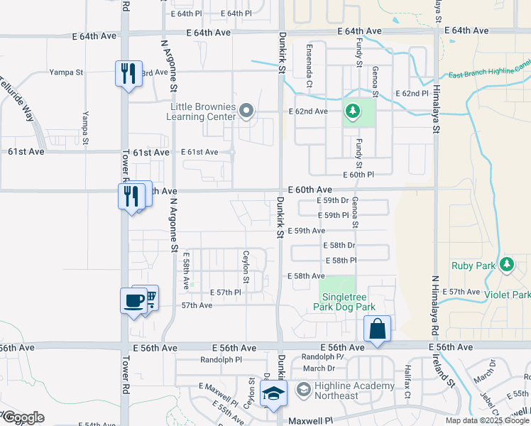 map of restaurants, bars, coffee shops, grocery stores, and more near 19307 North Dunkirk Street in Aurora