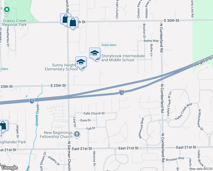 map of restaurants, bars, coffee shops, grocery stores, and more near 2500 North German Church Road in Indianapolis