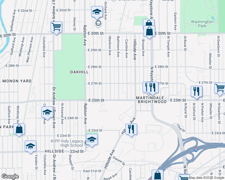 map of restaurants, bars, coffee shops, grocery stores, and more near 2519 Manlove Avenue in Indianapolis