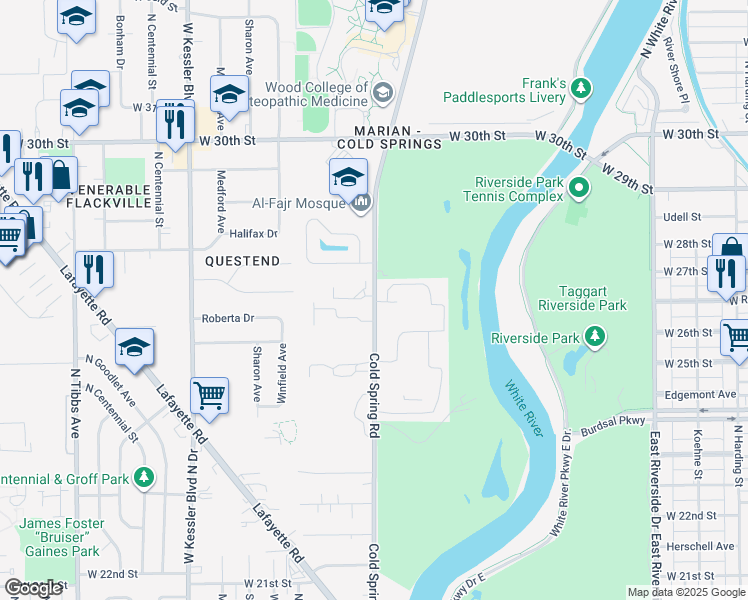 map of restaurants, bars, coffee shops, grocery stores, and more near 2660 Cold Spring Road in Indianapolis