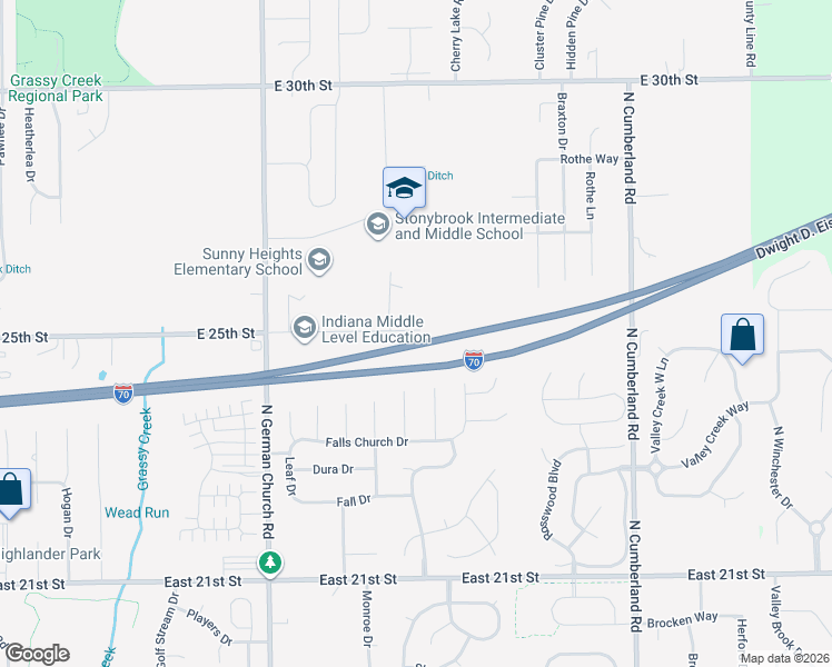 map of restaurants, bars, coffee shops, grocery stores, and more near 2500 North German Church Road in Indianapolis