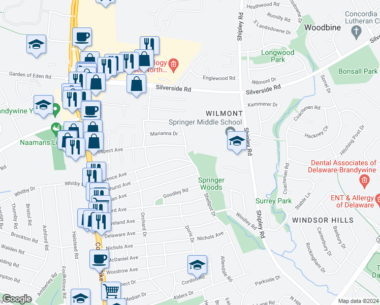 map of restaurants, bars, coffee shops, grocery stores, and more near 2429 Shellpot Drive in Wilmington