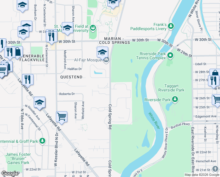 map of restaurants, bars, coffee shops, grocery stores, and more near 2550 Cold Spring Road in Indianapolis