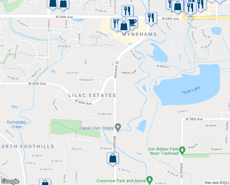 map of restaurants, bars, coffee shops, grocery stores, and more near 6001 McIntyre Street in Golden