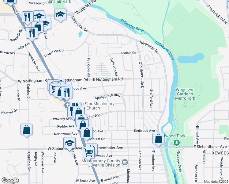 map of restaurants, bars, coffee shops, grocery stores, and more near 331 Springbrook Boulevard in Dayton