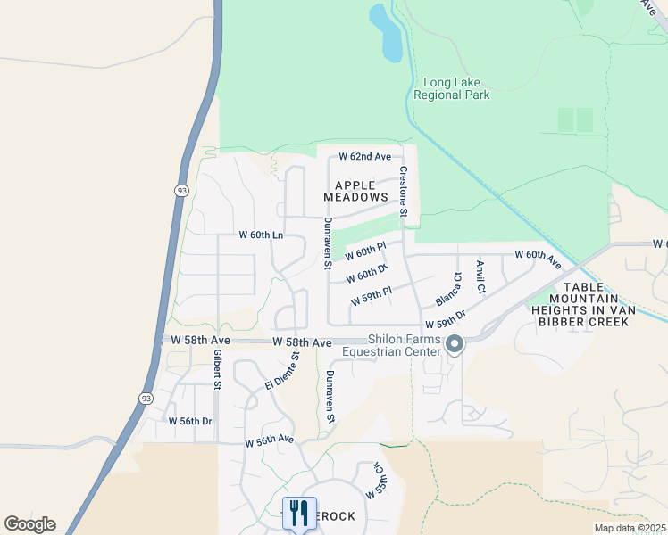 map of restaurants, bars, coffee shops, grocery stores, and more near 19081 West 60th Drive in Golden