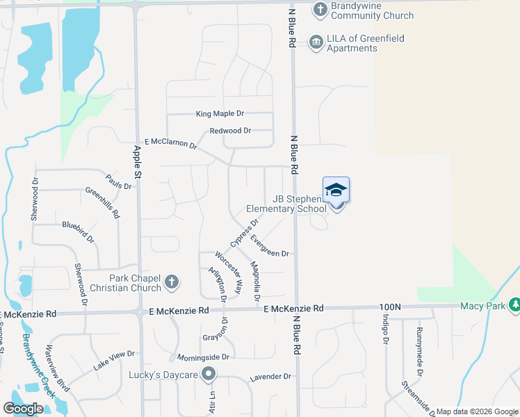map of restaurants, bars, coffee shops, grocery stores, and more near 1360 Cypress Drive in Greenfield