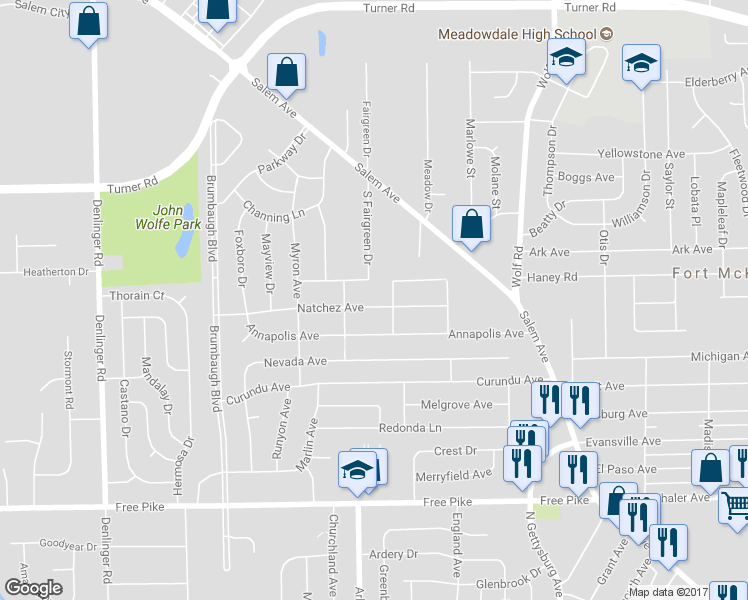 map of restaurants, bars, coffee shops, grocery stores, and more near 4317 Natchez Avenue in Dayton