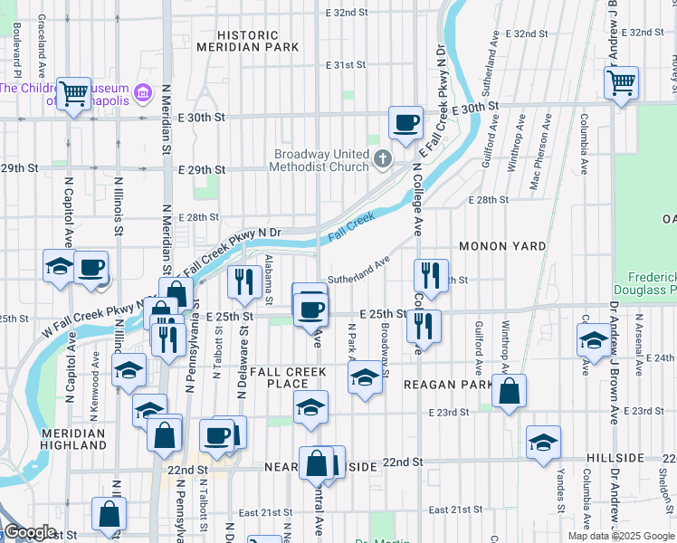 map of restaurants, bars, coffee shops, grocery stores, and more near 530 Sutherland Avenue in Indianapolis