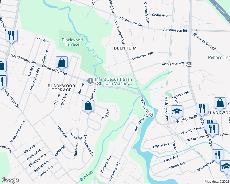map of restaurants, bars, coffee shops, grocery stores, and more near 121 Azalea Drive in Deptford