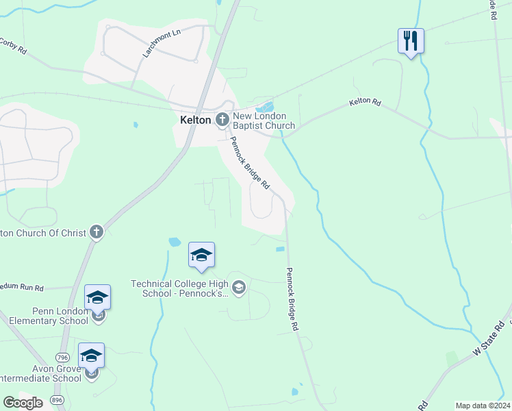 map of restaurants, bars, coffee shops, grocery stores, and more near 12 Rosewood Drive in West Grove