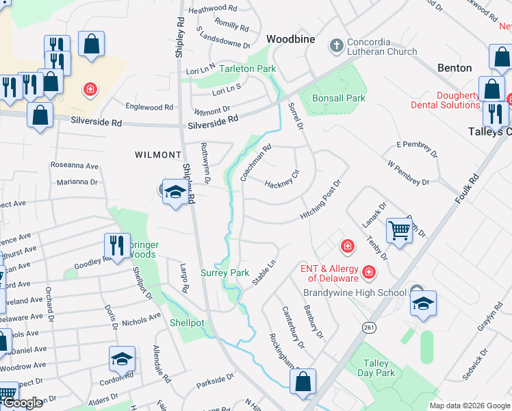 map of restaurants, bars, coffee shops, grocery stores, and more near 215 Hitching Post Drive in Wilmington