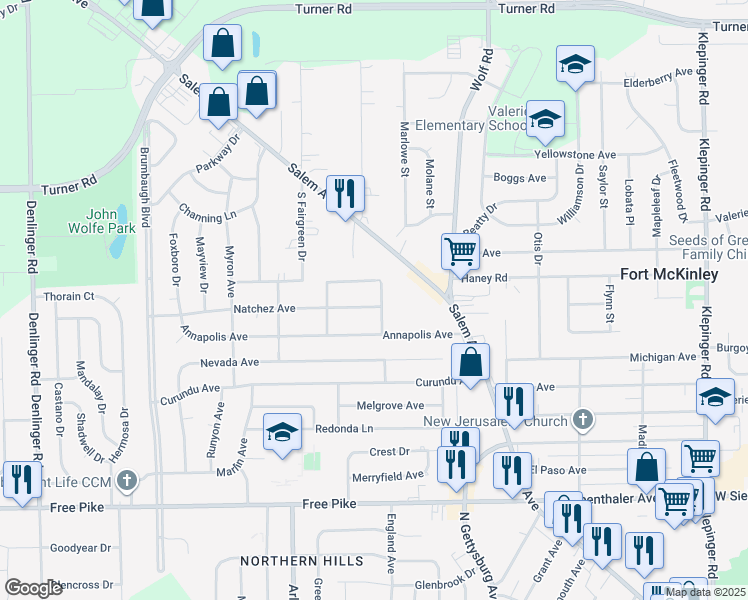map of restaurants, bars, coffee shops, grocery stores, and more near 4116 Natchez Avenue in Dayton