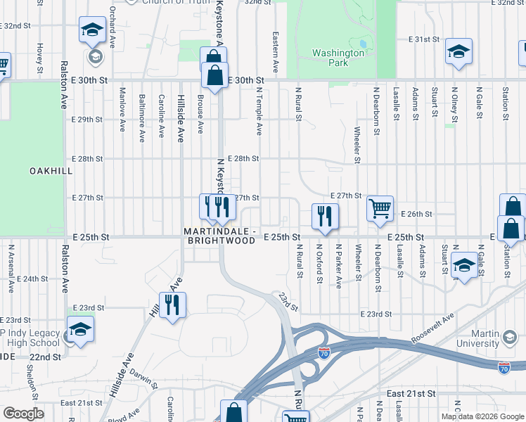 map of restaurants, bars, coffee shops, grocery stores, and more near 2520 North Temple Avenue in Indianapolis