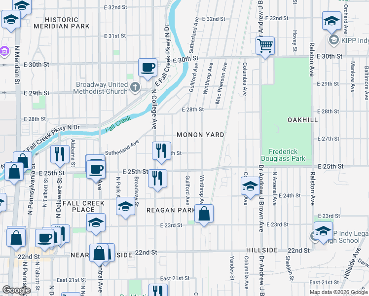 map of restaurants, bars, coffee shops, grocery stores, and more near 2528 Guilford Avenue in Indianapolis