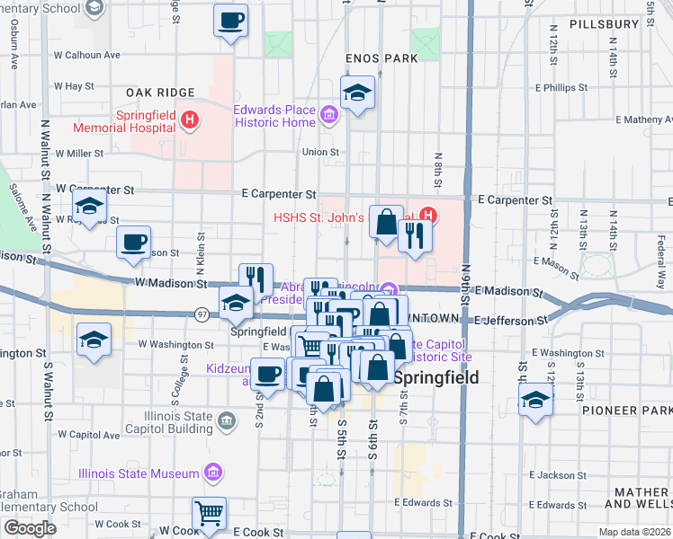map of restaurants, bars, coffee shops, grocery stores, and more near 500 Highway 97 in Springfield
