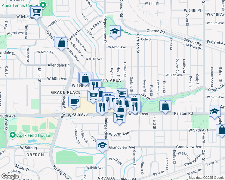 map of restaurants, bars, coffee shops, grocery stores, and more near 9555 West 59th Avenue in Arvada