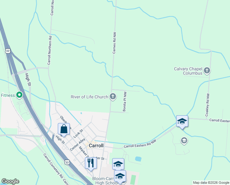 map of restaurants, bars, coffee shops, grocery stores, and more near 5090 Carnes Road in Carroll