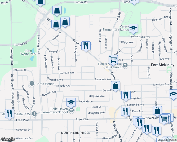 map of restaurants, bars, coffee shops, grocery stores, and more near 4116 Natchez Avenue in Dayton