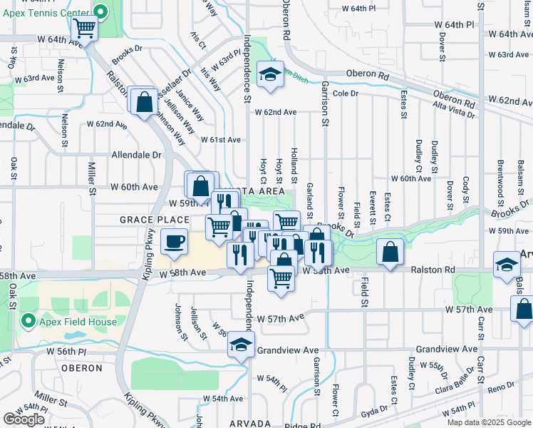map of restaurants, bars, coffee shops, grocery stores, and more near 9555 West 59th Avenue in Arvada