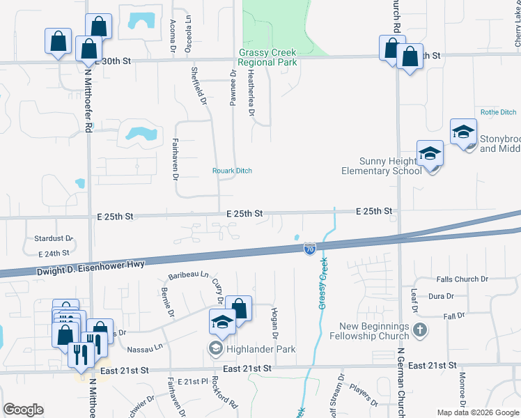 map of restaurants, bars, coffee shops, grocery stores, and more near 10540 East 25th Street in Indianapolis