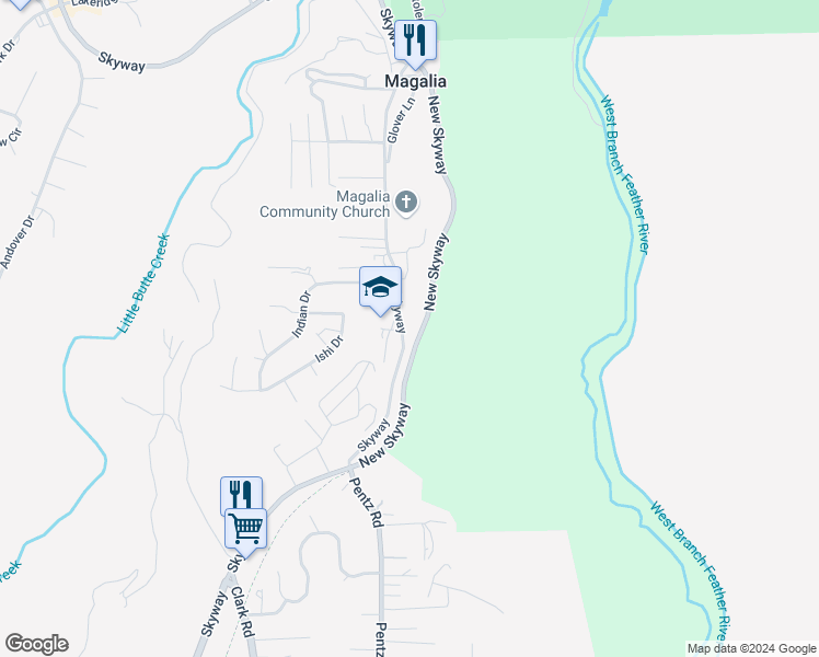 map of restaurants, bars, coffee shops, grocery stores, and more near 13660 Skyway in Magalia