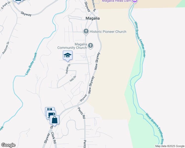 map of restaurants, bars, coffee shops, grocery stores, and more near 13660 Skyway in Magalia