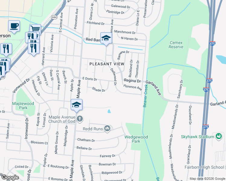 map of restaurants, bars, coffee shops, grocery stores, and more near 18 Damon Court in Fairborn
