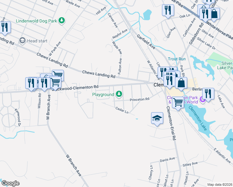 map of restaurants, bars, coffee shops, grocery stores, and more near 120 Princeton Road in Clementon