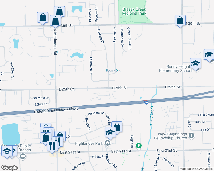 map of restaurants, bars, coffee shops, grocery stores, and more near 2502 Sheffield Drive in Indianapolis