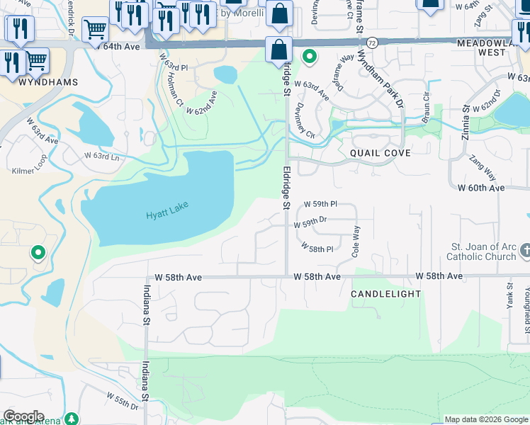 map of restaurants, bars, coffee shops, grocery stores, and more near 14046 West 59th Place in Arvada