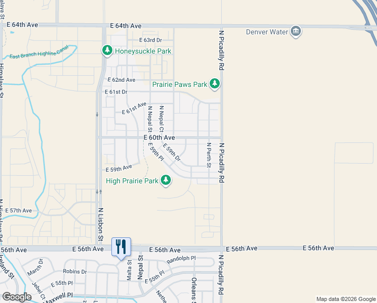 map of restaurants, bars, coffee shops, grocery stores, and more near 21425 East 59th Drive in Aurora