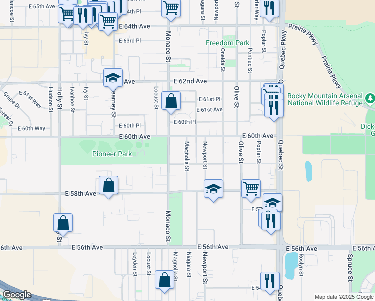 map of restaurants, bars, coffee shops, grocery stores, and more near 5903 Magnolia Street in Commerce City