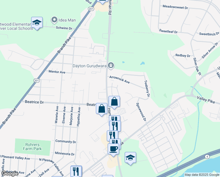 map of restaurants, bars, coffee shops, grocery stores, and more near 2234-2266 Harshman Rd in Dayton