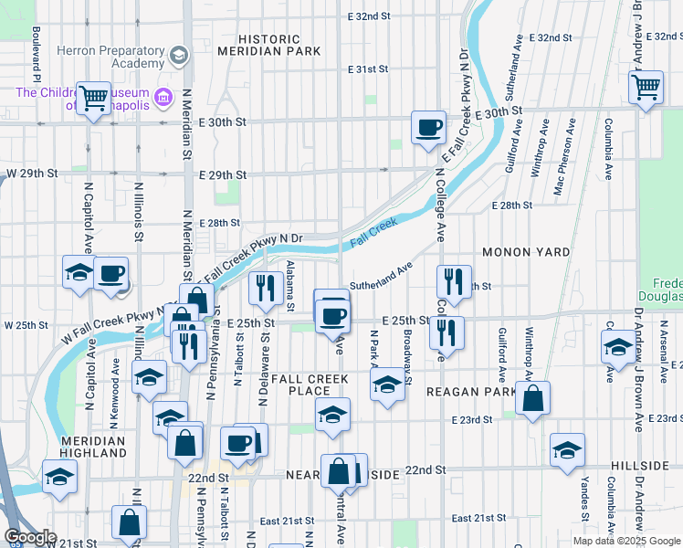 map of restaurants, bars, coffee shops, grocery stores, and more near 501 Sutherland Avenue in Indianapolis