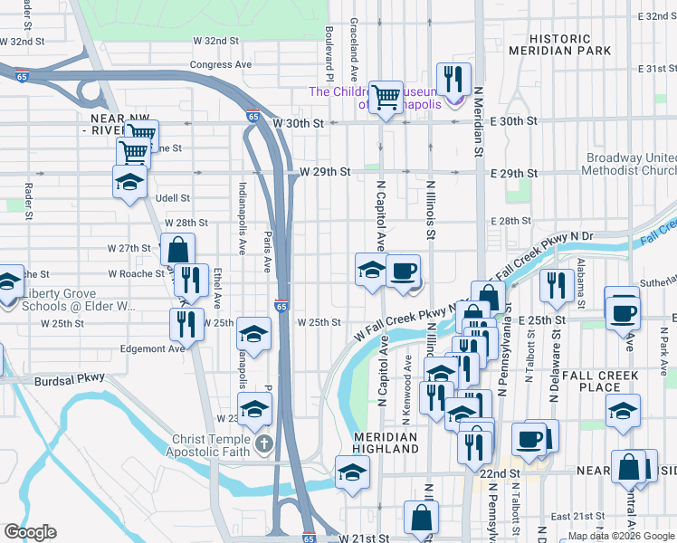 map of restaurants, bars, coffee shops, grocery stores, and more near in Indianapolis