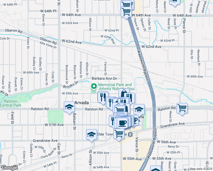 map of restaurants, bars, coffee shops, grocery stores, and more near 5955 Yukon Street in Arvada