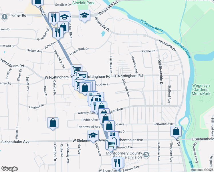 map of restaurants, bars, coffee shops, grocery stores, and more near 257 Springbrook Boulevard in Dayton