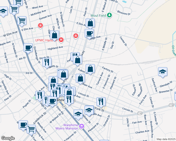map of restaurants, bars, coffee shops, grocery stores, and more near 407 East Walnut Street in Hanover