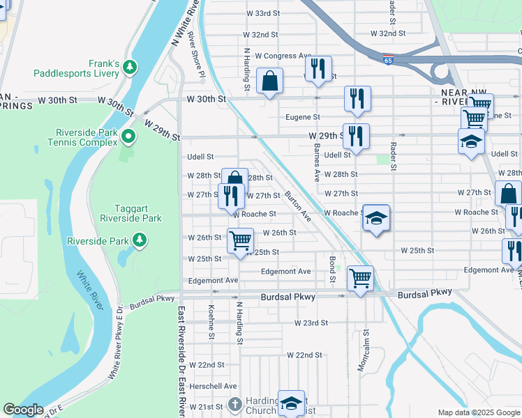 map of restaurants, bars, coffee shops, grocery stores, and more near 1310 West 27th Street in Indianapolis