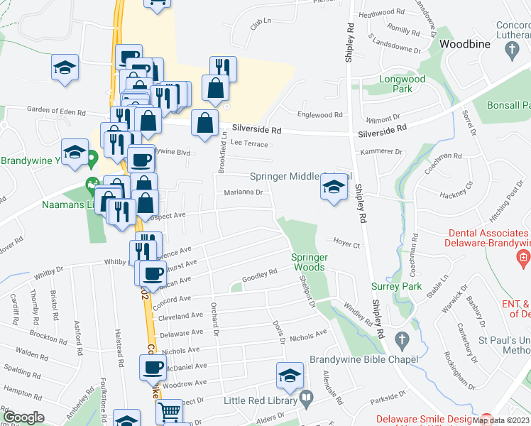 map of restaurants, bars, coffee shops, grocery stores, and more near 430 Prospect Avenue in Wilmington