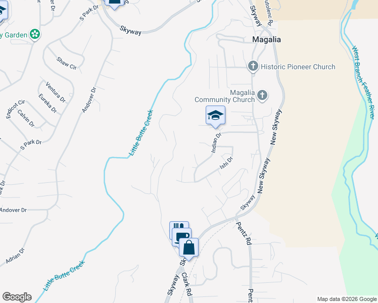 map of restaurants, bars, coffee shops, grocery stores, and more near 13655 Yahi Court in Magalia