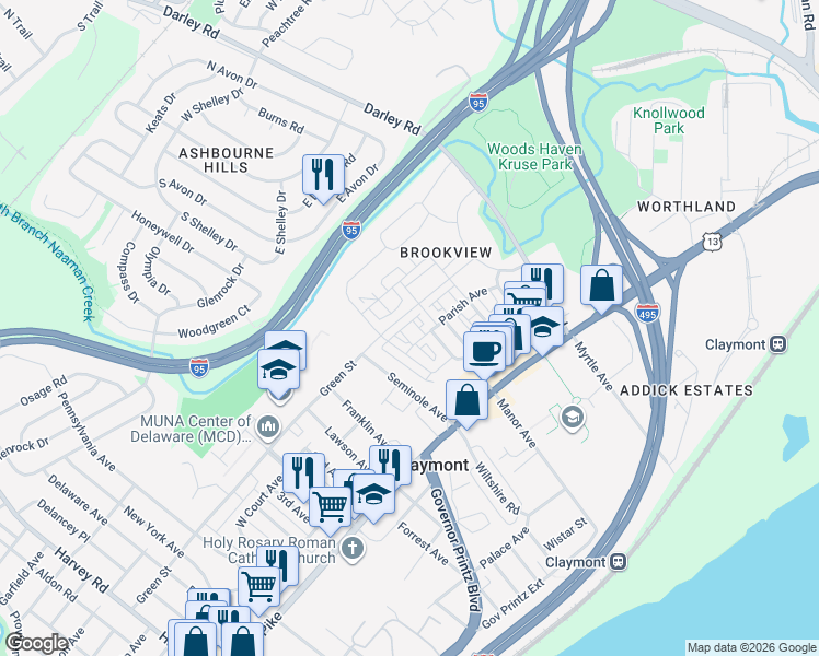 map of restaurants, bars, coffee shops, grocery stores, and more near 3757 Green Street in Claymont
