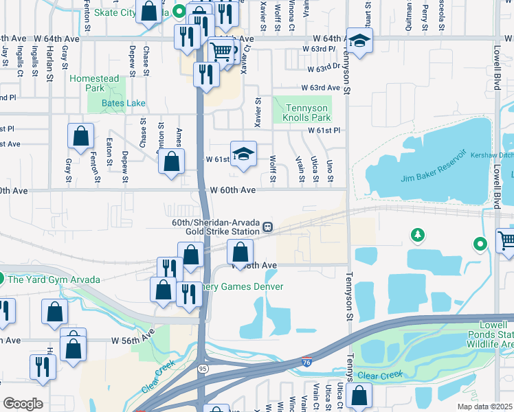 map of restaurants, bars, coffee shops, grocery stores, and more near 4800 West 60th Avenue in Arvada