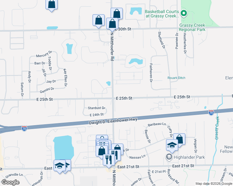 map of restaurants, bars, coffee shops, grocery stores, and more near 10020 East 25th Street in Indianapolis
