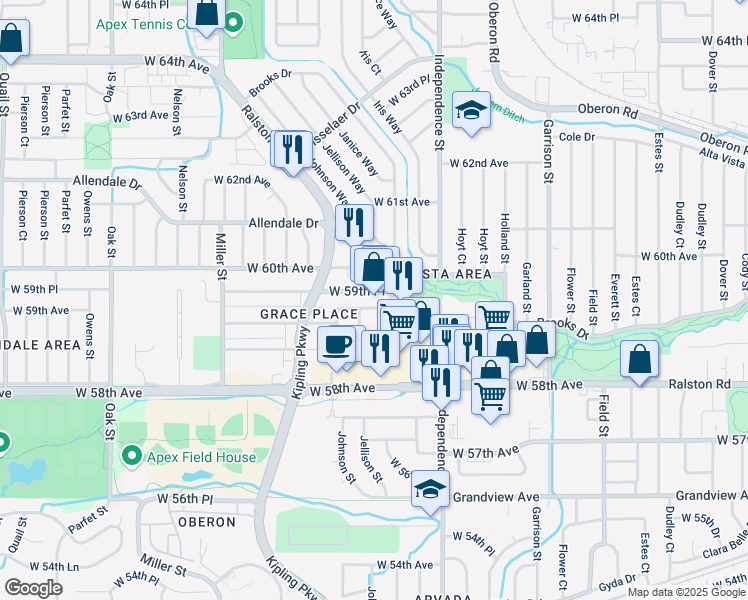 map of restaurants, bars, coffee shops, grocery stores, and more near 9806 Ralston Road in Arvada