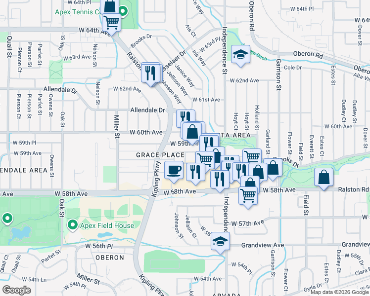 map of restaurants, bars, coffee shops, grocery stores, and more near 9806 Ralston Road in Arvada