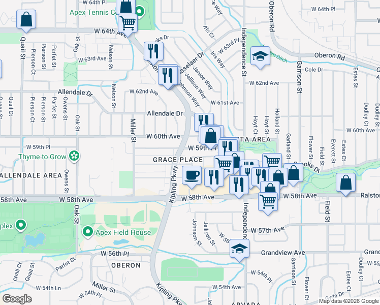 map of restaurants, bars, coffee shops, grocery stores, and more near 5990 Kipling Parkway in Arvada