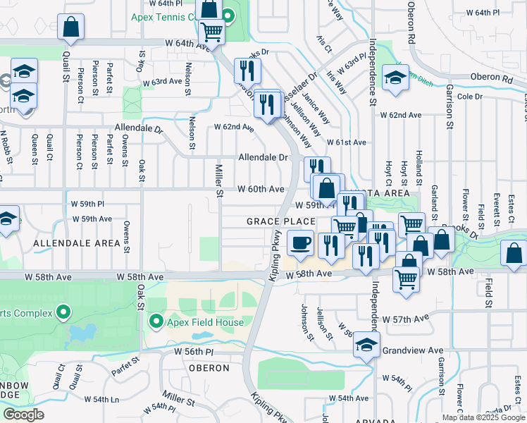 map of restaurants, bars, coffee shops, grocery stores, and more near 10151 West 59th Place in Arvada