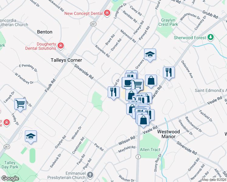 map of restaurants, bars, coffee shops, grocery stores, and more near 1801 Gravers Lane in Wilmington